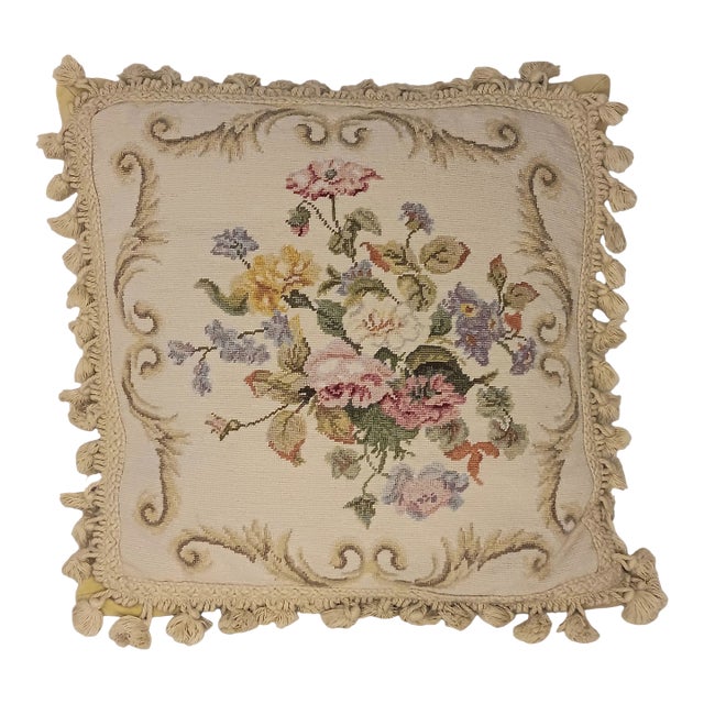 Vintage Petit Point Needlepoint Multicolor Floral Pillow With Feather Insert For Sale