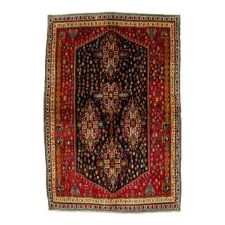 Vintage Shiraz Wool Rug – Hand-Knotted Tribal Medallion Accent Rug in Deep Crimson & Midnight Navy For Sale