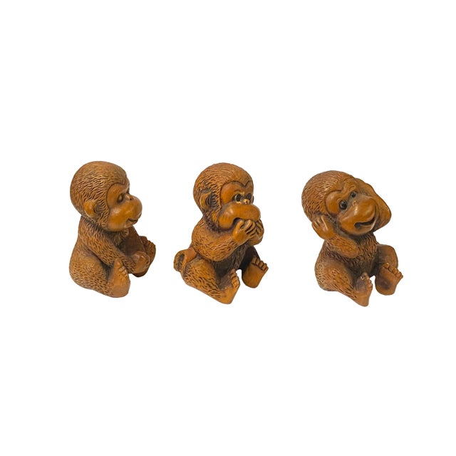 Chinese 3 Pieces Wood Carved Mini Monkey Figures For Sale - Image 4 of 6