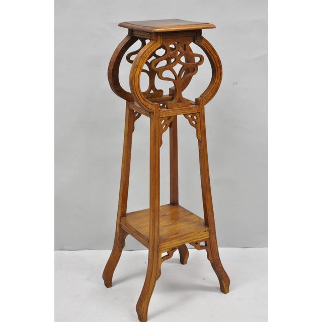 Vintage French Art Nouveau Style Carved Teak Pedestal Plant Stand Side Table For Sale - Image 18 of 18