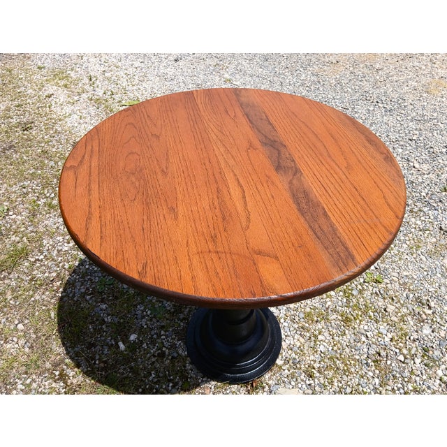 Industrial Antique Round Oak Top Pub Table or Game Table With Cast Iron Column Base For Sale - Image 3 of 17