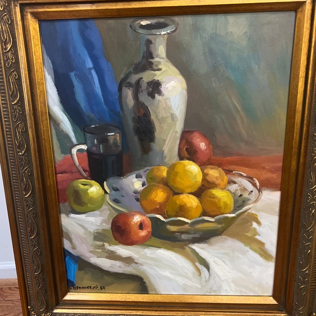 20th Century European School Impressionist Oil on Artist Board Tabletop Still Life Vase and Fruits Framed Signed For Sale - Image 4 of 9