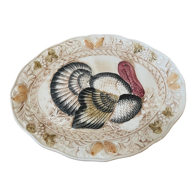 Vintage Hand-Painted Embossed Ceramic Turkey Serving Platter For Sale