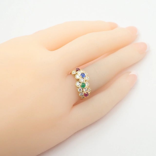 Rare! Authentic Christian Dior 18k Yellow Gold Ruby Emerald Diamond Flower Ring Details: Metal: 18k yellow gold Size: 5.75...