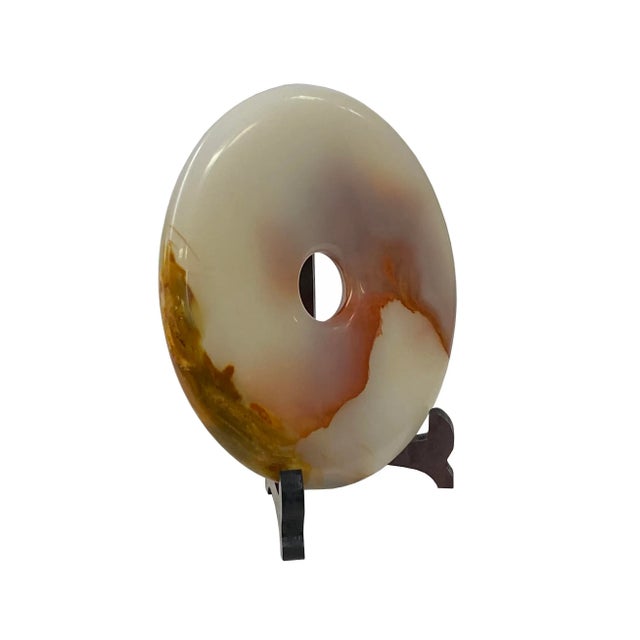 Asian Natural White Brown Onyx Stone Round Fengshui Home Decor Display For Sale - Image 3 of 5