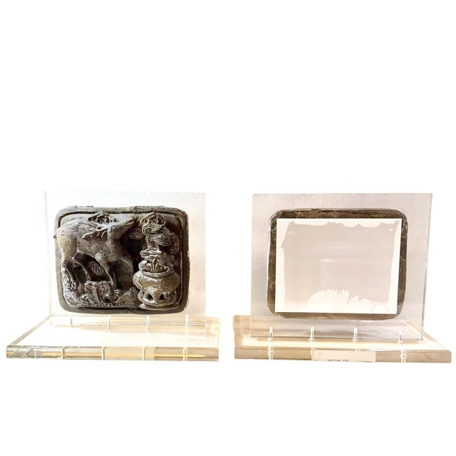 Early 18th Century Chinese Stone Relief Carvings on Custom Lucite Stands - A Pair For Sale - Image 14 of 17