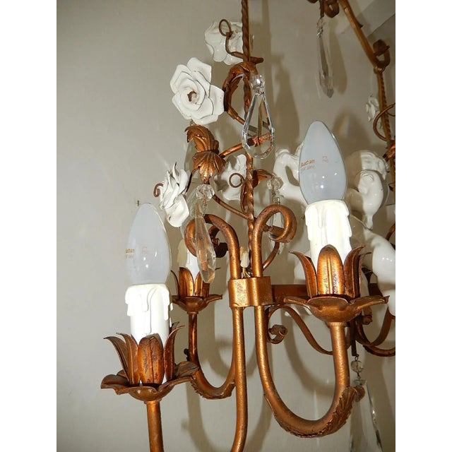 French Large Porcelain Two Cherubs Swinging Roses Chandelier, Circa 1950 For Sale - Image 4 of 12