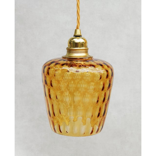 Metal Mid-Century Modern French Amber Bubble Glass Pendant Lights, 1960s, Set of 5 For Sale - Image 7 of 8