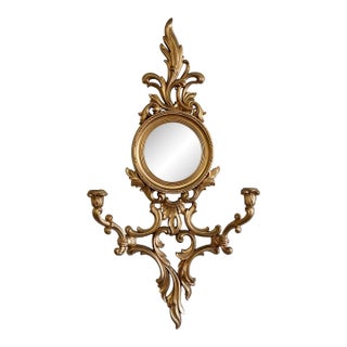 Vintage Ornate Syroco Sconce With Concave Mirror For Sale