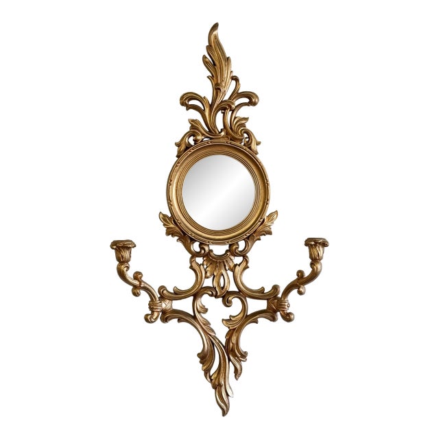 Vintage Ornate Syroco Sconce With Concave Mirror For Sale