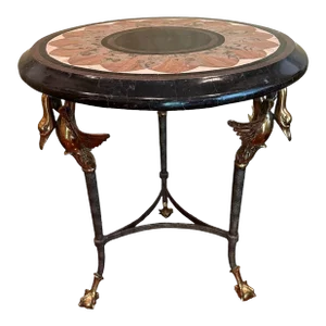1990s Vintage Maitland Smith Marquetry Marble Table With Brass Swans & Claw Feet