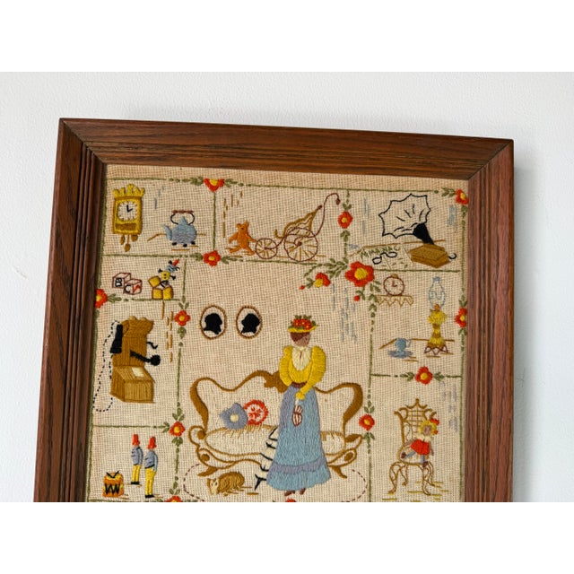 Vintage Framed Needlepoint Textile Wall Art With Whimsical Domestic Scene For Sale - Image 10 of 11