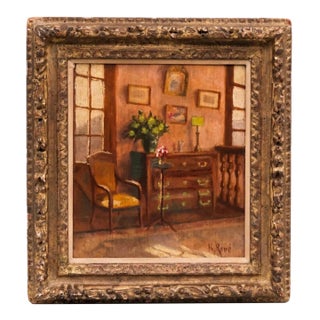 Early 20th Century Oil Painting on Board of a Sunlit Period European Interior R. Renee For Sale