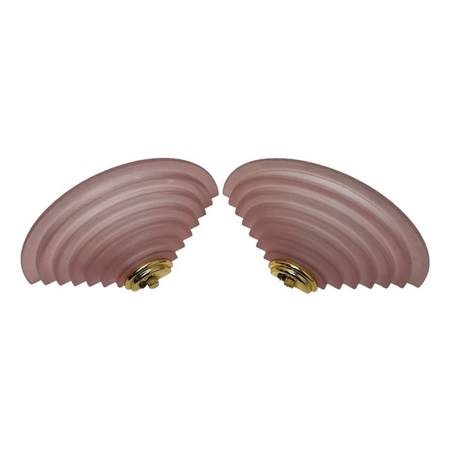 Stepped Glass Salmon Pink and Brass Glass Wall Lamps, 1980s, Set of 2 For Sale