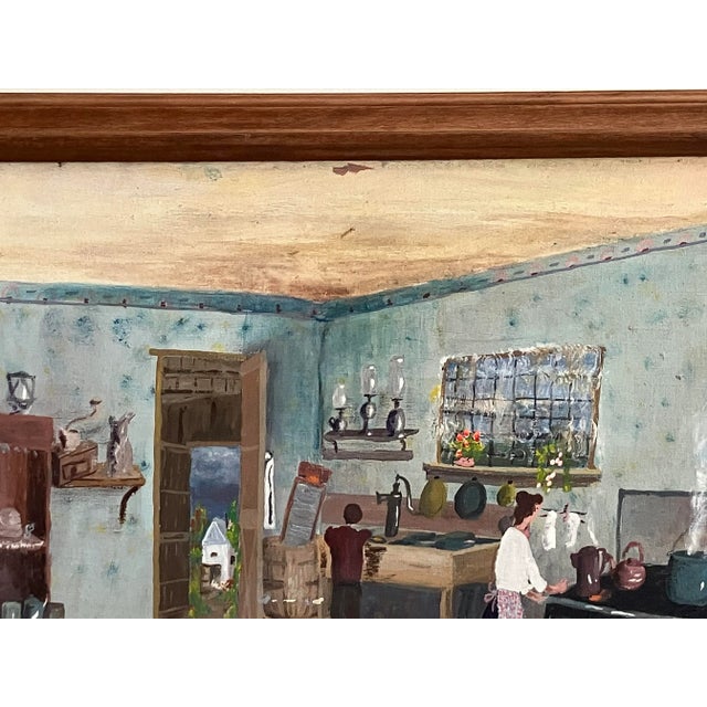Blue Outsider Art Primitive Amish Kitchen Scene by Mama Mary K. (C. 1950s–1970s) For Sale - Image 8 of 13