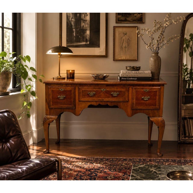 Queen Anne, Lowboy Writing Desk, Burl, Crotch Mahogany Veneer, Walnut, England, 19th c. Fine English walnut writing desk...