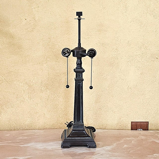 Dark Gray 2003 Tiffany-Style Floral Stained Glass Pyramid Table Lamp For Sale - Image 8 of 18