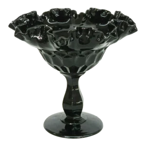 Fenton Thumbprint Style Black Ebony Glass Ruffled Compote Candy Dish