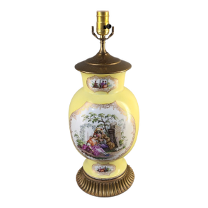 Antique Dresden Yellow Vase Table Lamp Painted Figural Classical Romantic Garden Scene