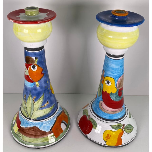 Italian Pair Italian Hand-Painted Ceramic Candlesticks by Nino Parrucca, Whimsical For Sale - Image 3 of 13