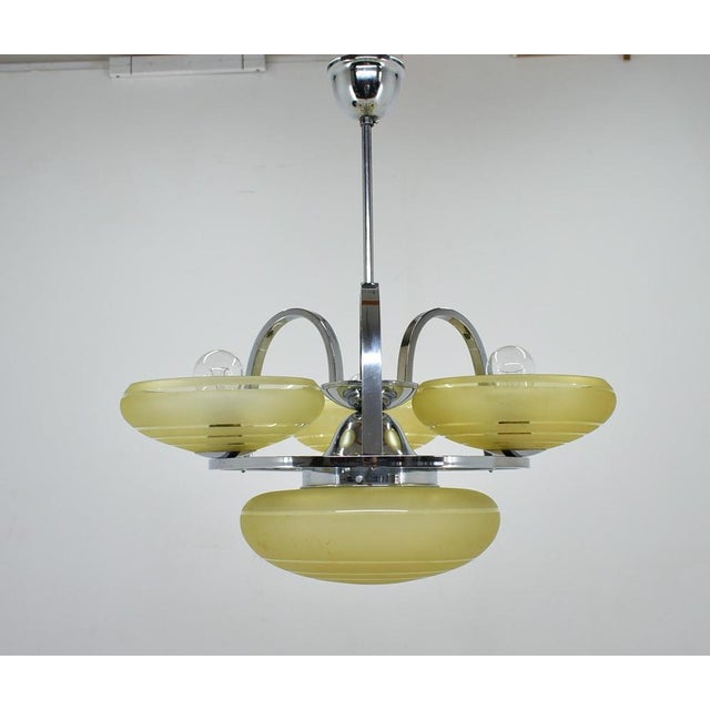 Chrome Art Deco chandelier with unusual shape Central rod can be shortened on demand. 4x60W, E27 bulbs US wiring...