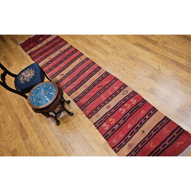 Vintage Turkish Kilim Runner, Handwoven Wool, Stripe Pattern, Brick Red, 3x13 For Sale - Image 9 of 9