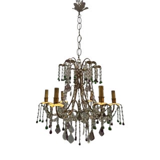 Italian Florentine Tole Gilt Murano Glass Beaded 6-Light Chandelier, 1950s For Sale