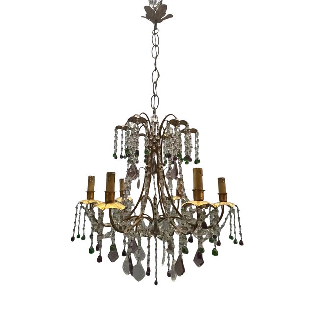 Italian Florentine Tole Gilt Murano Glass Beaded 6-Light Chandelier, 1950s For Sale