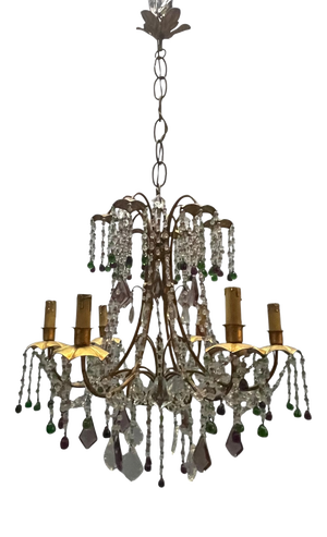 Italian Florentine Tole Gilt Murano Glass Beaded 6-Light Chandelier, 1950s