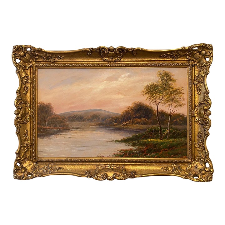 Antique English Landscape Oil Painting | Thomas Wood River Scene | Chairish