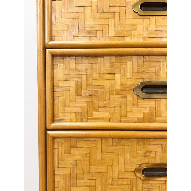 Wood Mid 20th Century Dixie Parquet Inlay Tall Chest of Drawers Brass Detail Coastal Hollywood Regency For Sale - Image 7 of 11
