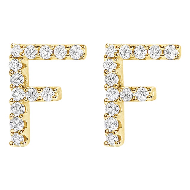 10K Yellow Gold 1/10 Cttw Diamond 'F' Initial Stud Earring For Sale