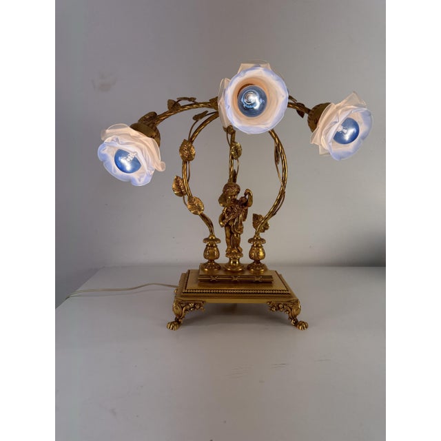Large Italian Art Nouveau Three-Light Table Lamp in Gilded Bronze and Murano Glass, 1980s For Sale - Image 3 of 15