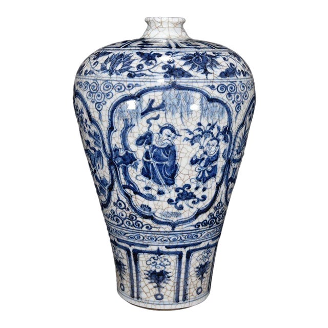 Vintage Blue and White Porcelain Meiping Vase With Figural Panels and Craquelure Glaze For Sale