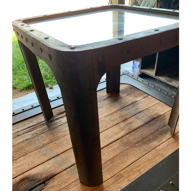 French Antique French Industrial Loft Table, Mid 19th Century, Riveted Metal and Glass For Sale - Image 3 of 5