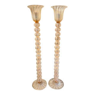 Modern Murano Opalescent Pink Ball Floor Lamps - Pair For Sale