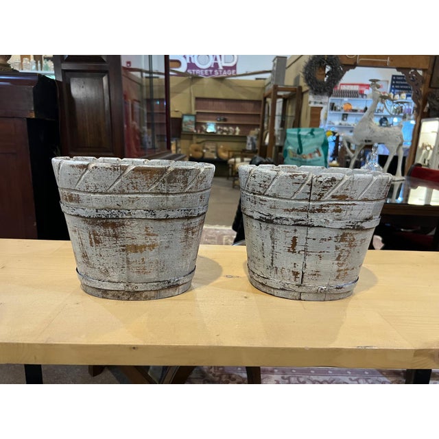 Vintage Rustic Hand-Carved Wooden Planter Buckets – Pair For Sale - Image 10 of 10
