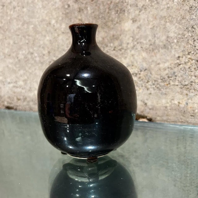 Mid-Century Modern Mid-Century Modern Japanese Bud Vase Dark Brown Glaze Pottery Mingei Tenmoku For Sale - Image 3 of 11