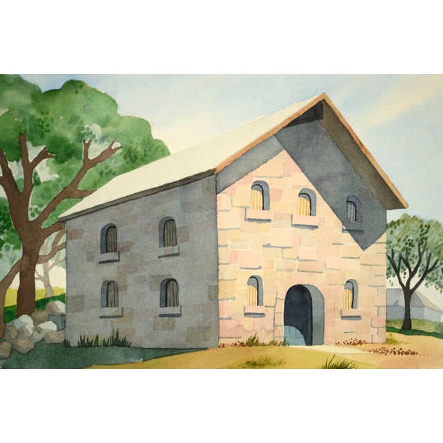 Realism 1970s "Stone Barn on the Hilltop" Landscape Watercolor Painting by Gretchen Guard, Framed For Sale - Image 3 of 9