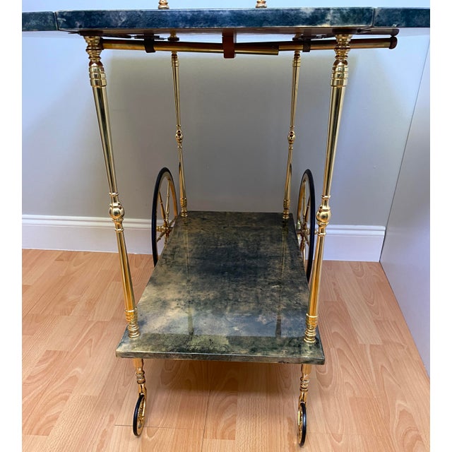 Metal Aldo Tura Green Lacquered Goatskin Bar Cart, Brass Two-Tier Folding Drinks Trolley, Italy 1960s For Sale - Image 7 of 17