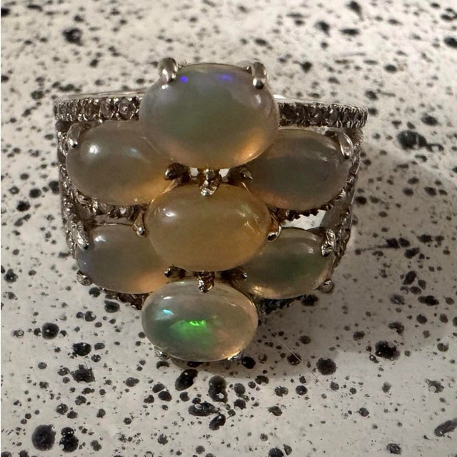 Art Deco 1980s Designer KJC Sterling Silver Ring Oval Fire Opal Cluster Natural Gemstone Sz 11 For Sale - Image 3 of 7