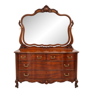 Antique Victorian 1900s Large Mahogany American Serpentine Dresser Chest With Mirror For Sale