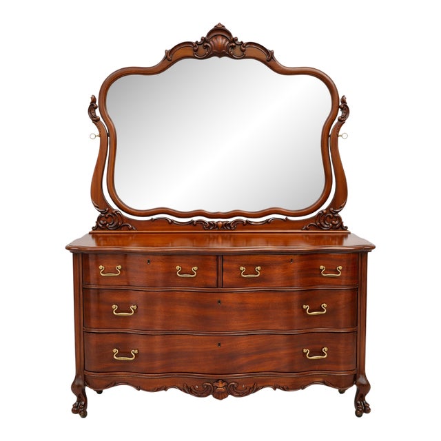 Antique Victorian 1900s Large Mahogany American Serpentine Dresser Chest With Mirror For Sale