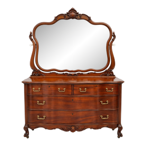 Antique Victorian 1900s Large Mahogany American Serpentine Dresser Chest With Mirror