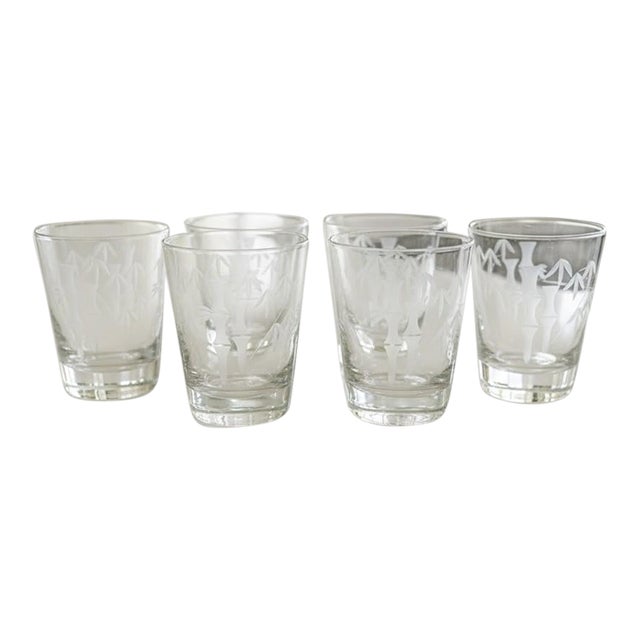Vintage Mid-Century Modern Sasaki Noritake Bamboo Etched Rocks Glasses- Set 6 For Sale
