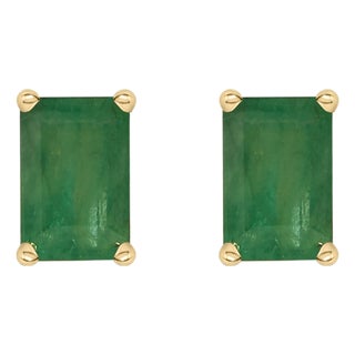 14K Yellow Gold 6x4MM Emerald Shaped Emerald Solitaire Stud Earrings For Sale