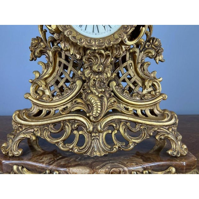 Stone Vintage French Rococo Louis XV Style Revival Gilt Metal Mantel Clock For Sale - Image 7 of 14