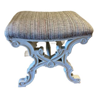 Late 20th Century Vintage Painted Wood French Style, Stool, Ottoman With Vintage Textile Upholstery From Pat McGann For Sale