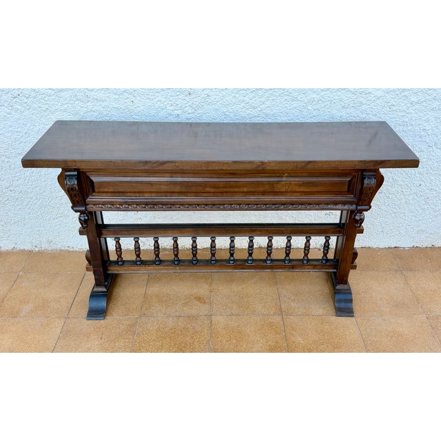 Wood Mid 20th Century Valenti Spanish Carved Wood Console Table With Drawers and Turned Spindles For Sale - Image 7 of 13