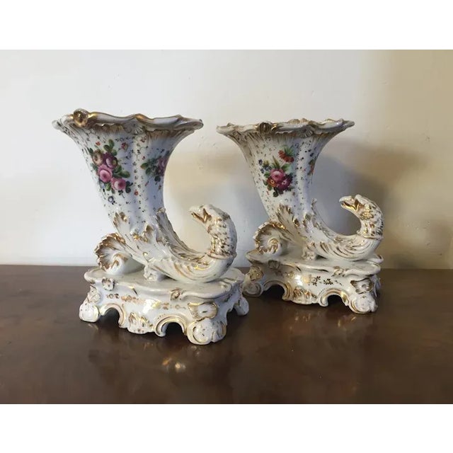 1830 Antique French Empire Porcelain Rhyton Eagle Head & Cornucopia Mantel Vases - A Pair For Sale - Image 12 of 13